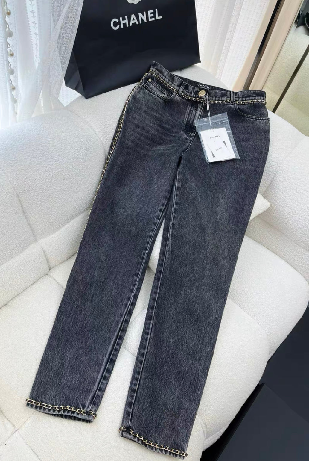 Chanel 23N Coco Neige black chain denim in size 38