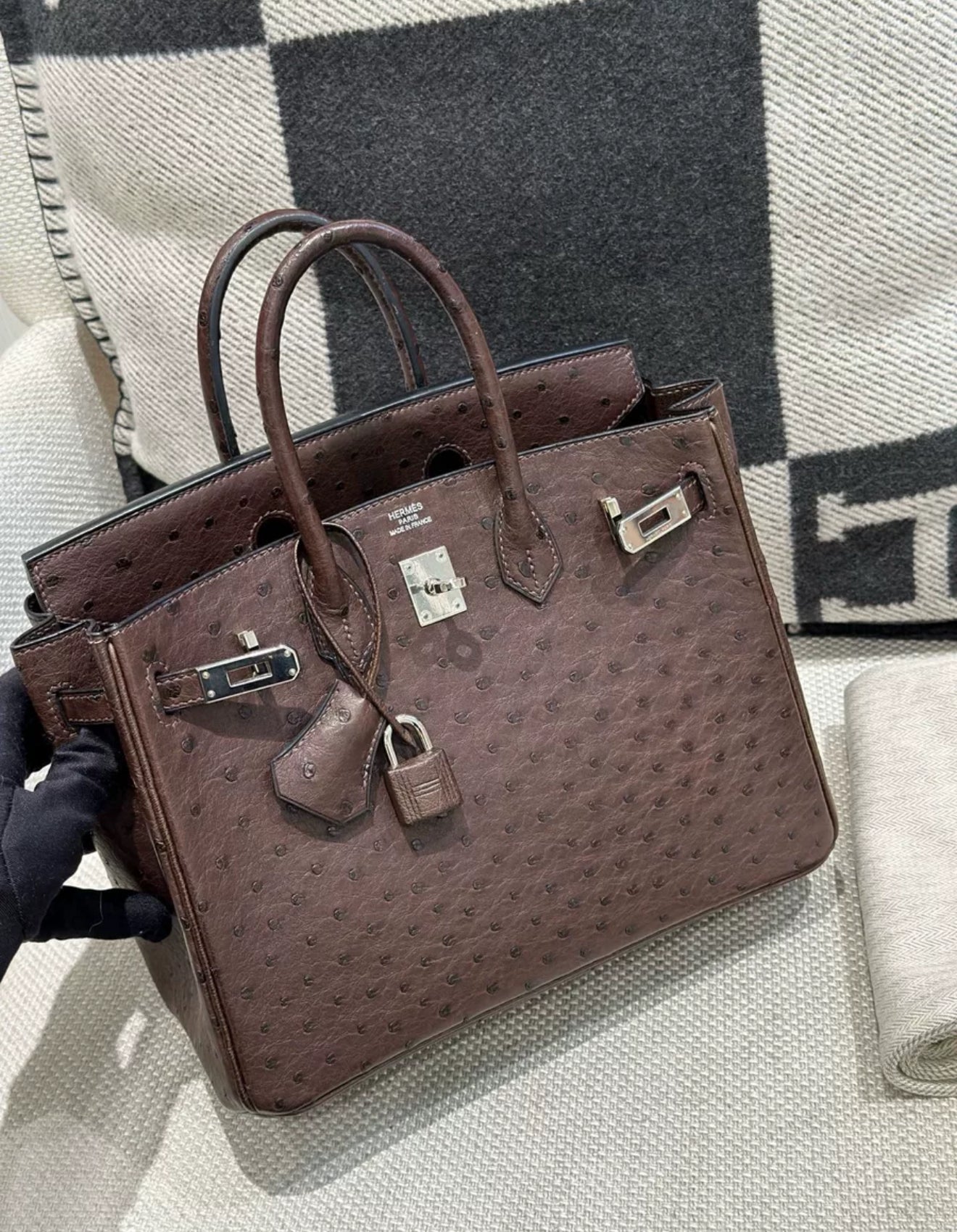 Preloved Birkin 25 Chocolate Ostrich Palladium Hardware