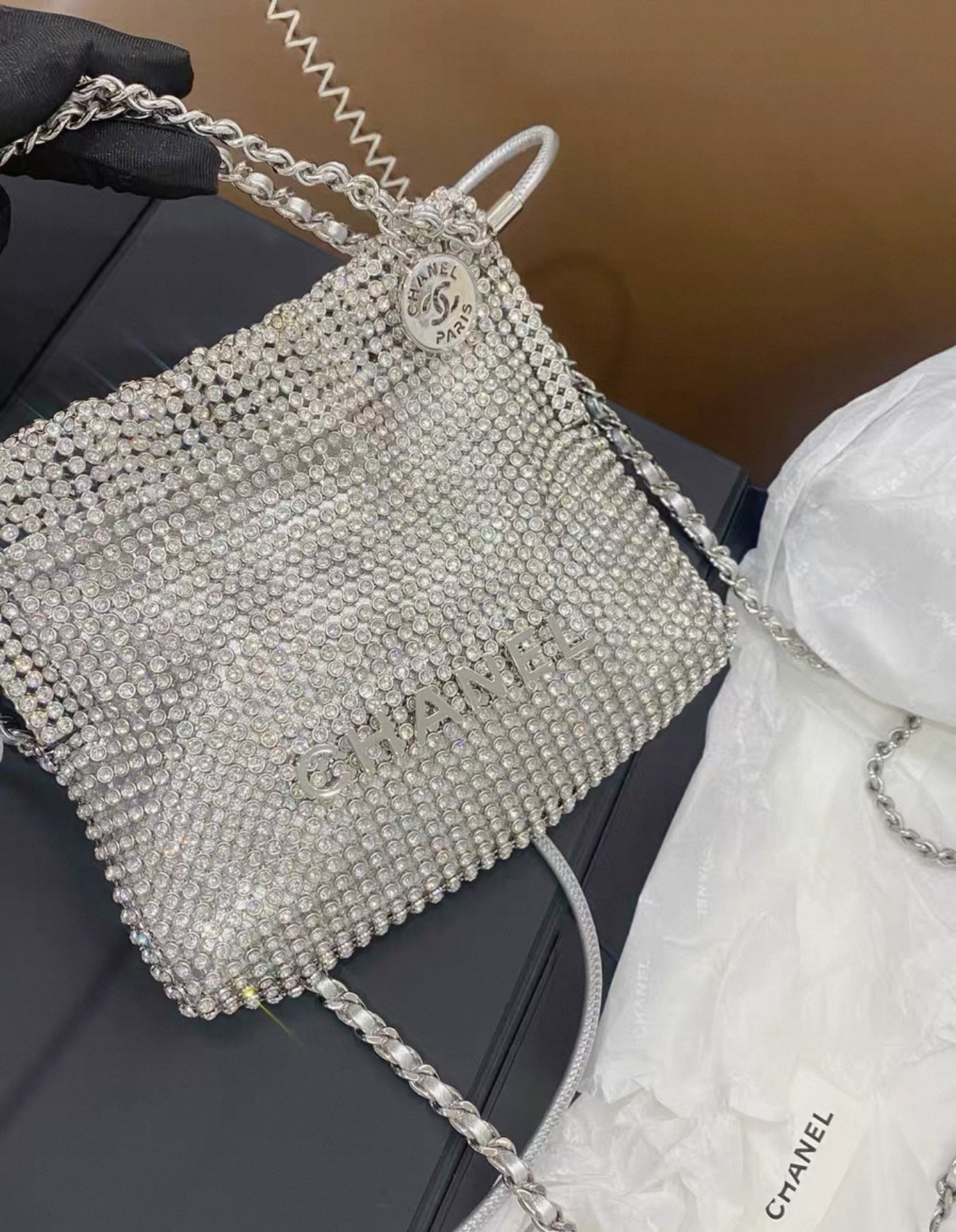 Chanel 24S 22bag mini silver metallic full rhinestones