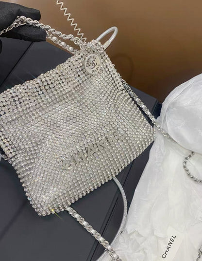 Chanel 24S 22bag mini silver metallic full rhinestones
