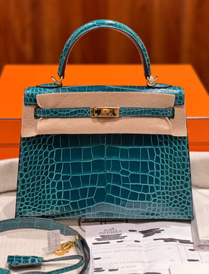 Hermes Kelly 25 Vert Bosphore shiny porosus crocodile leather gold hardware