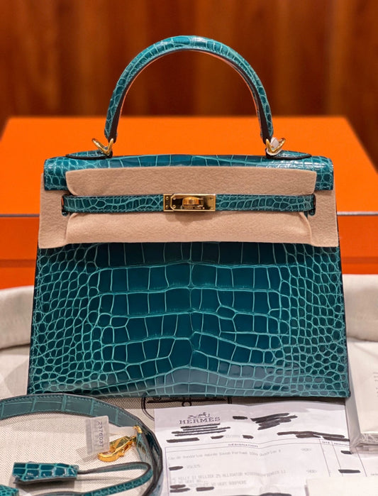 Hermes Kelly 25 Vert Bosphore shiny porosus crocodile leather gold hardware