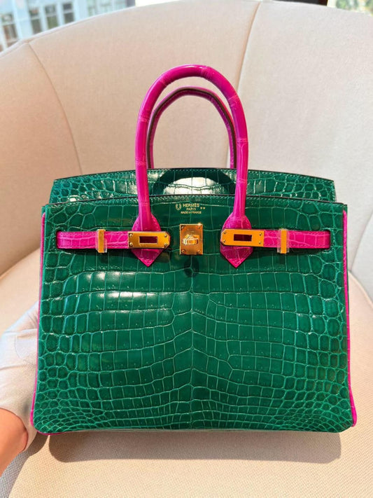 Hermes Birkin 25 Vert Emeraude/Rose Scheherazade Shiny Niloticus crocodile gold hardware