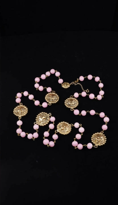 Chanel 1982 Pink Glass Gold Lion Head Long Necklace