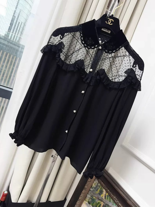 Miu Miu black silk and lace-trimmed shirt