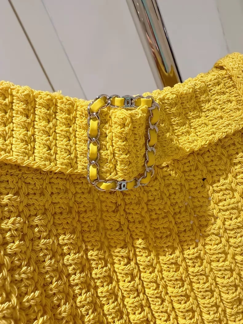 Chanel 25C Yellow Openwork Knit Shorts