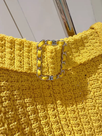 Chanel 25C Yellow Openwork Knit Shorts