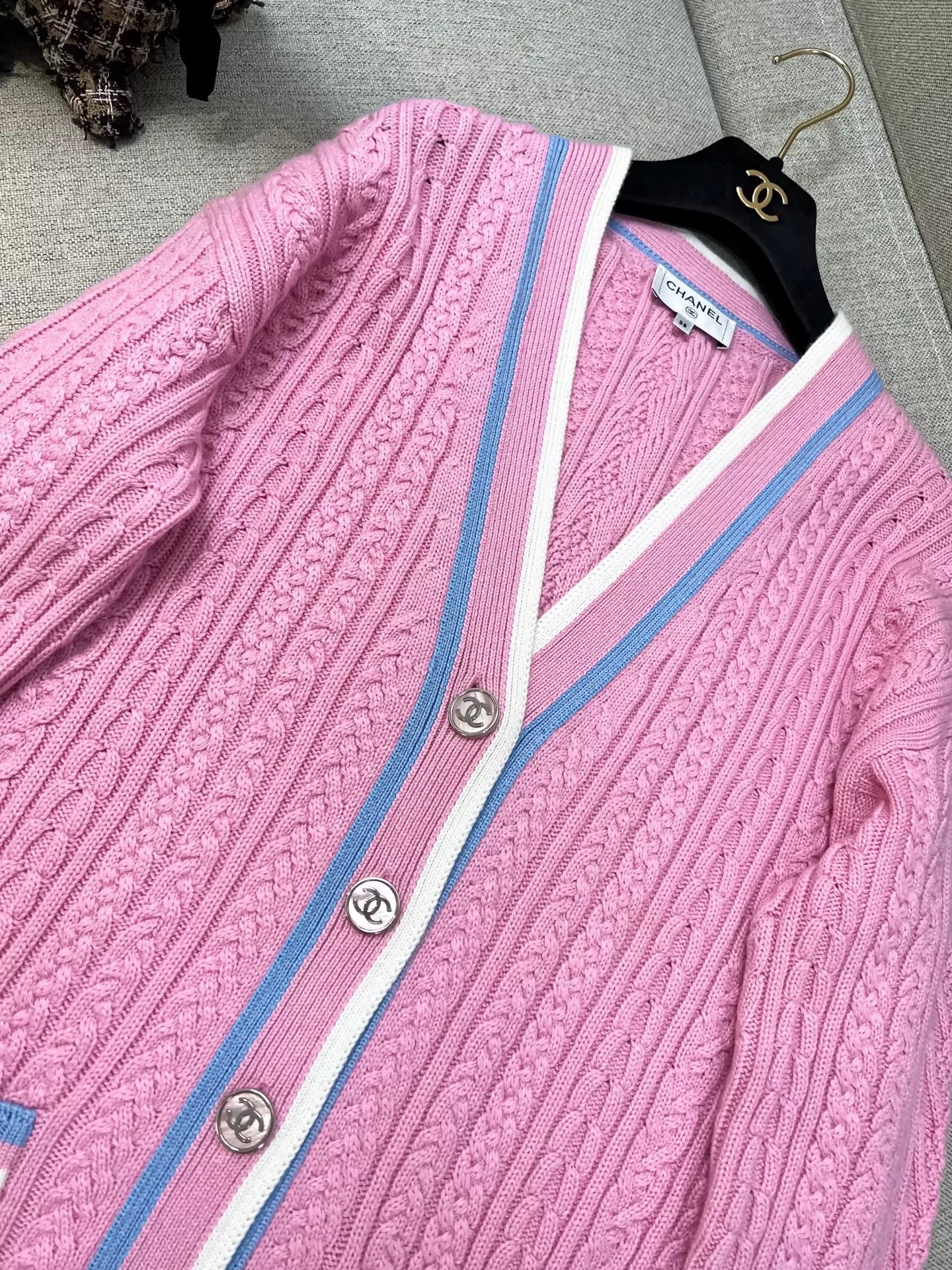 Chanel 23P pink and blue/white long knit cardigan