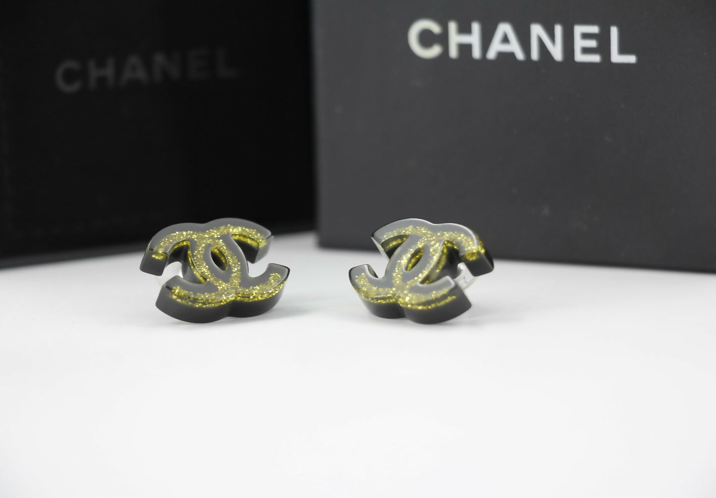 Chanel 17S Resin Gold Powder Black Stud Earrings