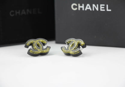 Chanel 17S Resin Gold Powder Black Stud Earrings