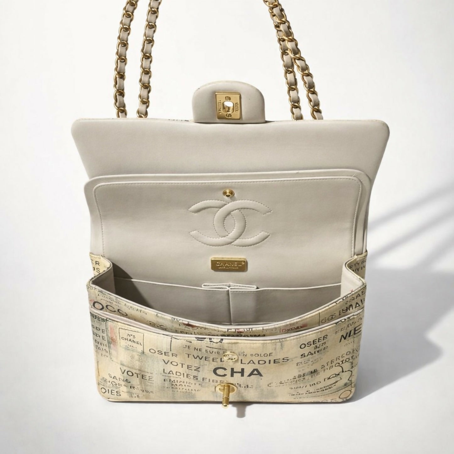 CHANEL 15S GRAFFITI NEWSPAPER CLASSIC MEDIUM DOUBLE FLAP BAG