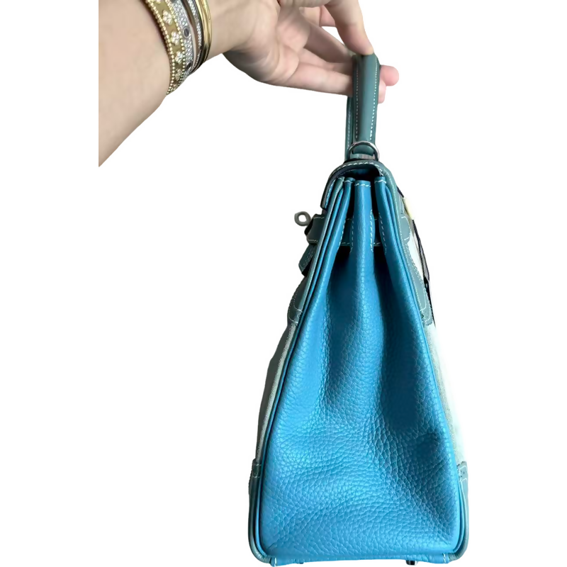 Hermes vintage Kelly 32 lace collection in suede denim blue