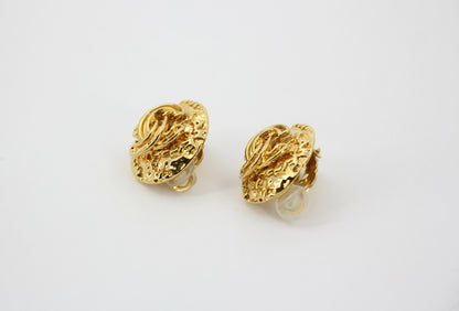 Chanel Vintage 95A Gold Plated Embossed Round CC Clip-on Earrings