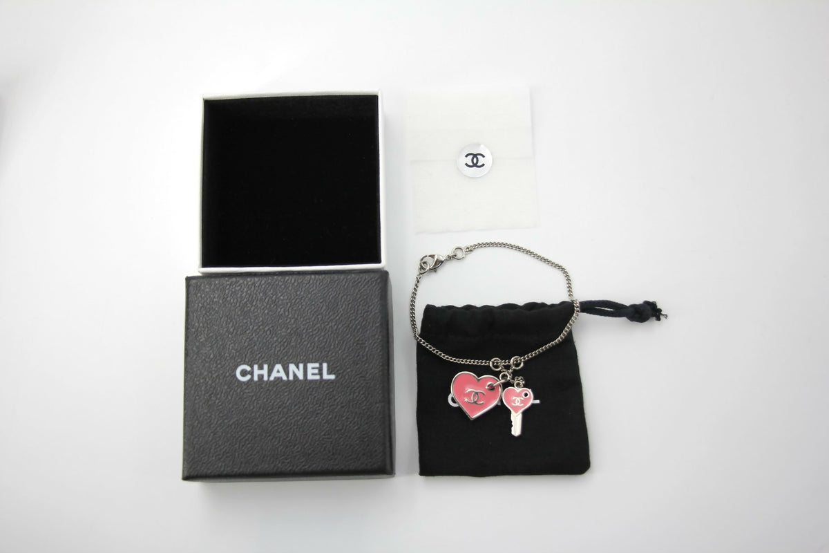 Chanel 07P Enamel Pink Heart Key Charm Silver Chain Bracelet