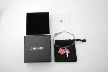 Chanel 07P Enamel Pink Heart Key Charm Silver Chain Bracelet