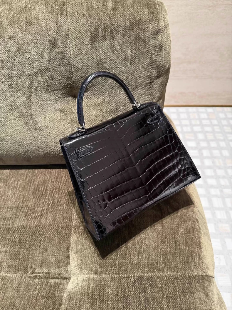 Hermes Kelly 25 CK89 black shiny crocodile leather palladium hardware