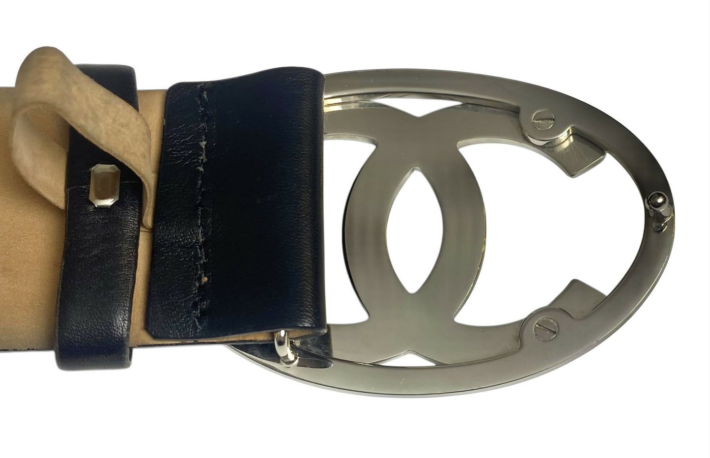 Chanel 06A Extra Wide Black Lambskin Leather Oval CC Silver Buckle Belt Size 85/34