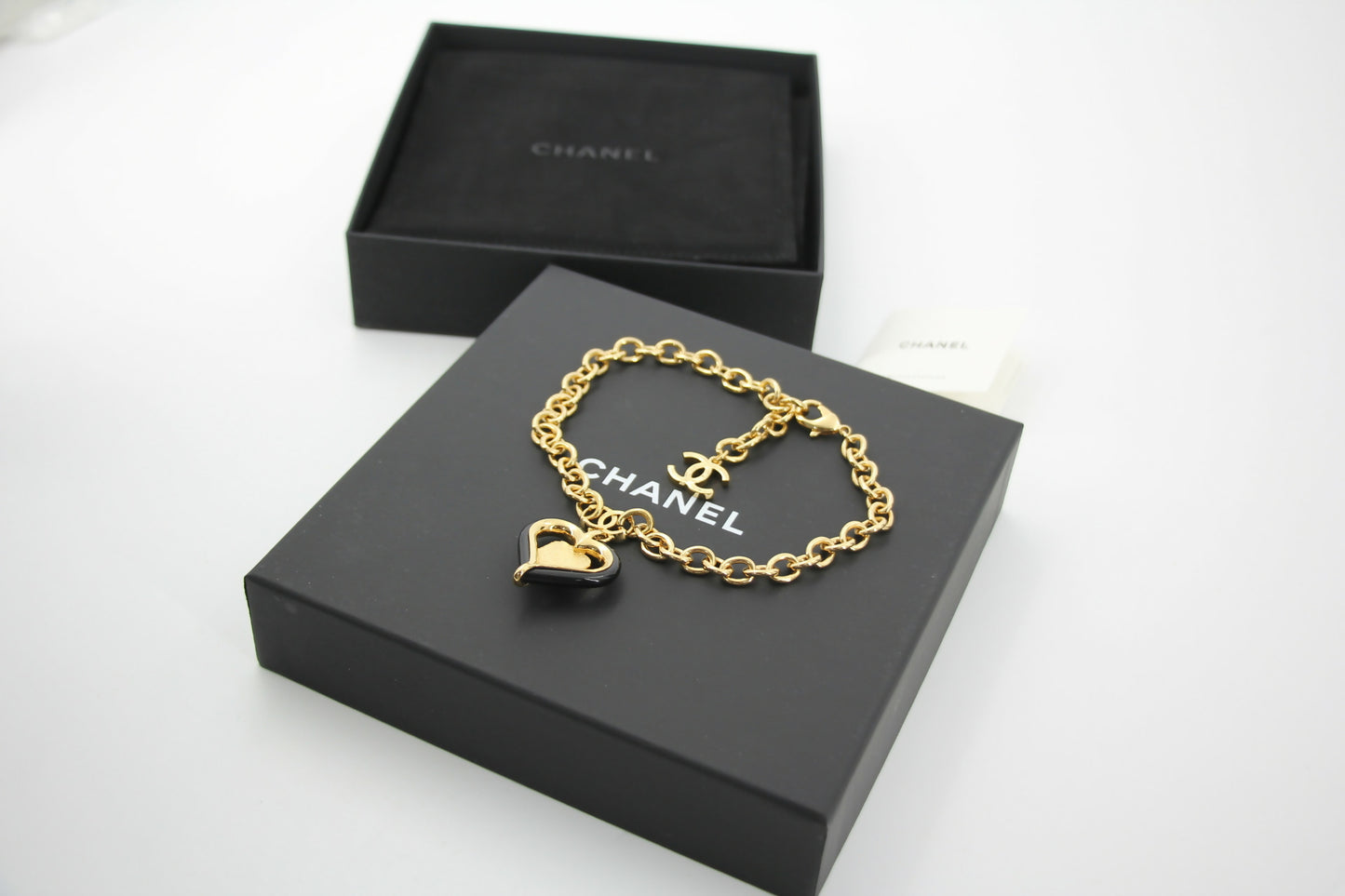 Chanel B23C Metal Black and Pink Heart-Shaped Pendant Gold Chain Necklace