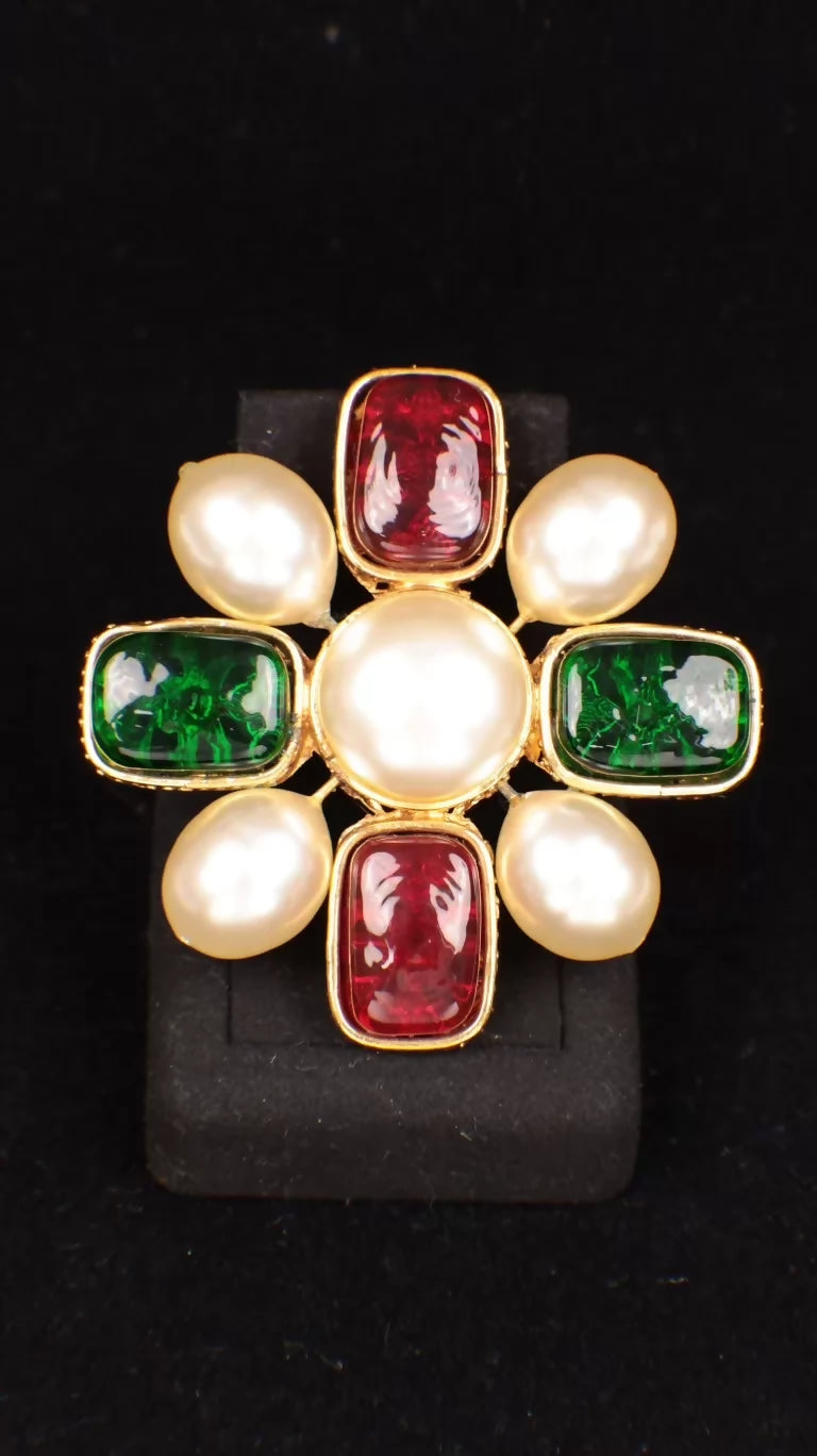Chanel 1990 Red and Green Glass Pearl Cross Brooch