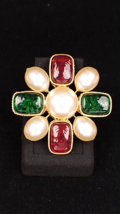 Chanel 1990 Red and Green Glass Pearl Cross Brooch