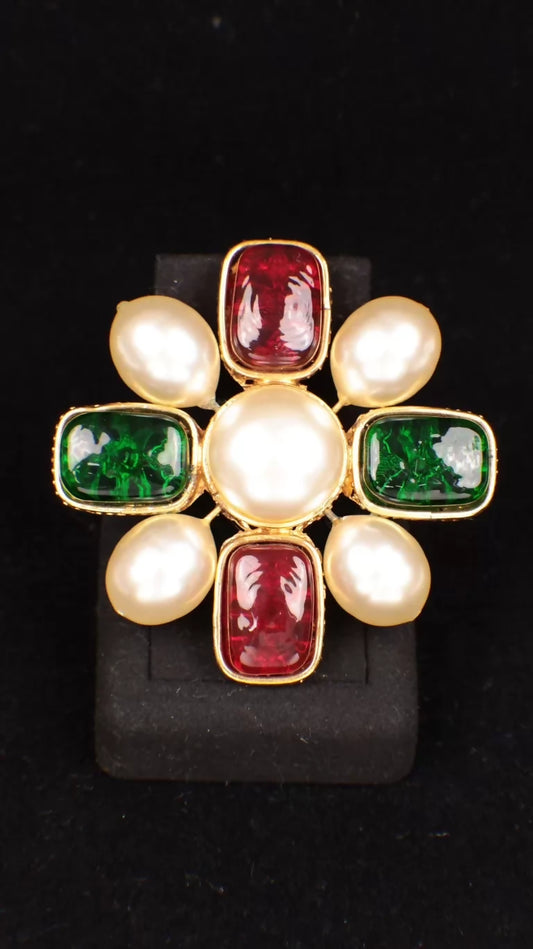 Chanel 1990 Red and Green Glass Pearl Cross Brooch