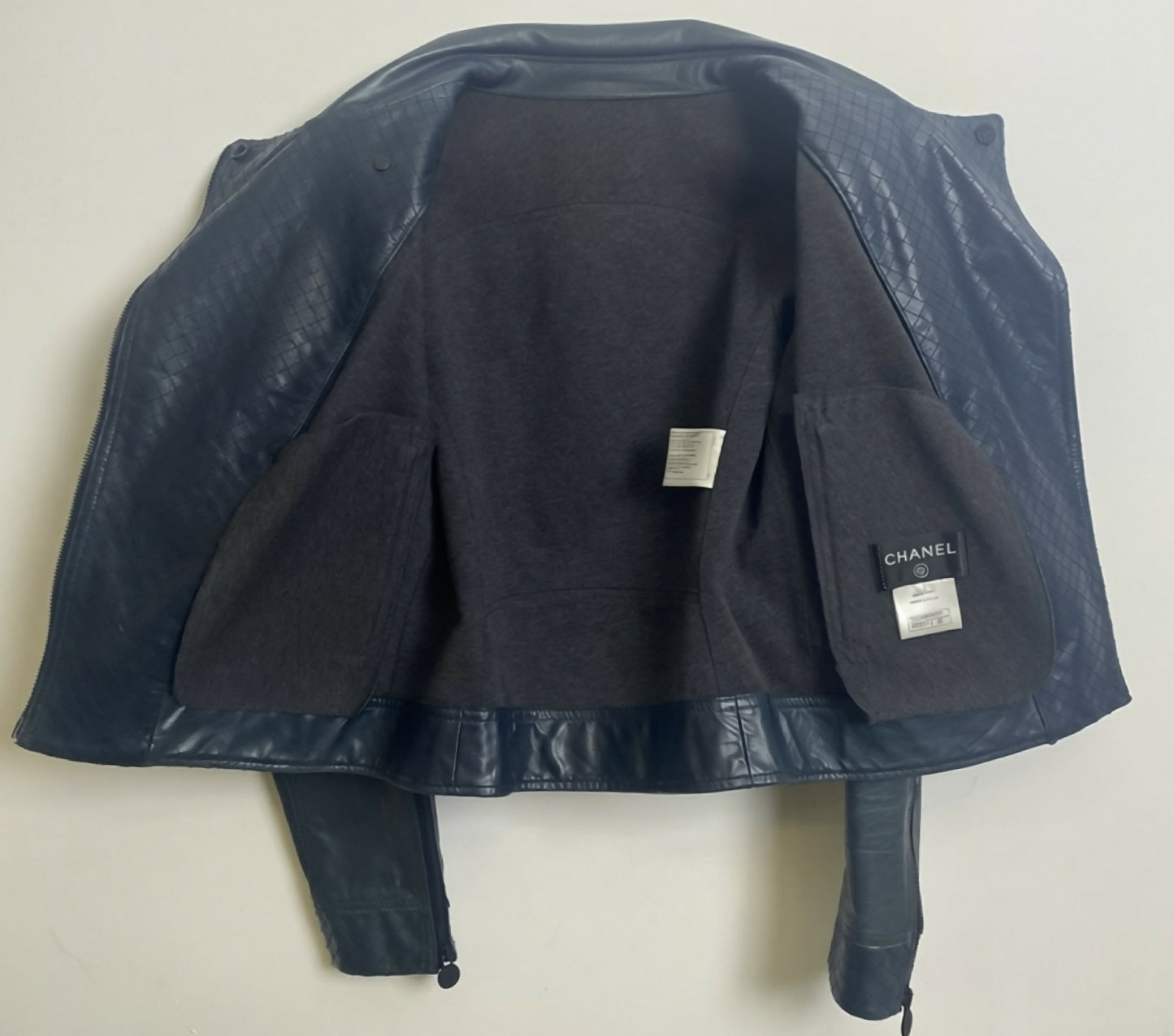 Chanel 12P Dark Blue Petrol Quilted Leather Biker Jacket FR 36