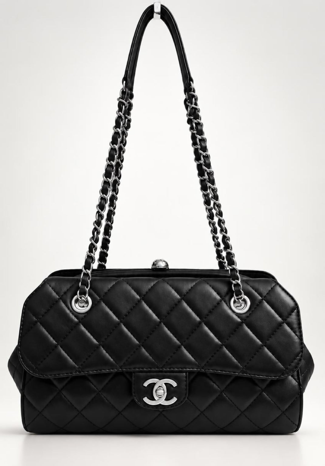 Rare Chanel Classic Black CC Kisslock Lambskin Frame Compartment Timeless Bag