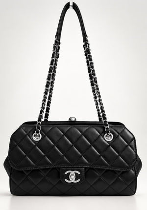 Rare Chanel Classic Black CC Kisslock Lambskin Frame Compartment Timeless Bag