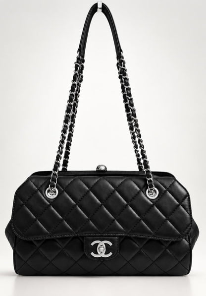 Rare Chanel Classic Black CC Kisslock Lambskin Frame Compartment Timeless Bag