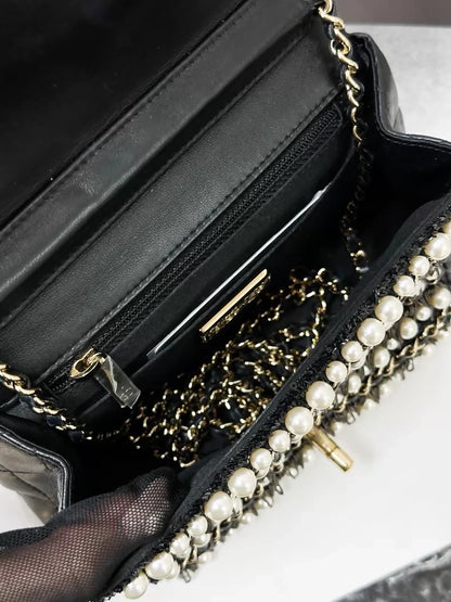 Chanel 20B black and gold pearl chain square crossbody bag