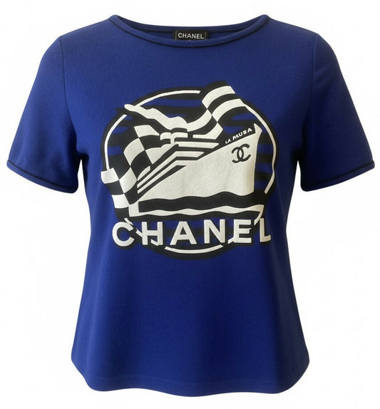 Chanel 19C La Pausa Runway Blue Blouse Top Shirt FR 34