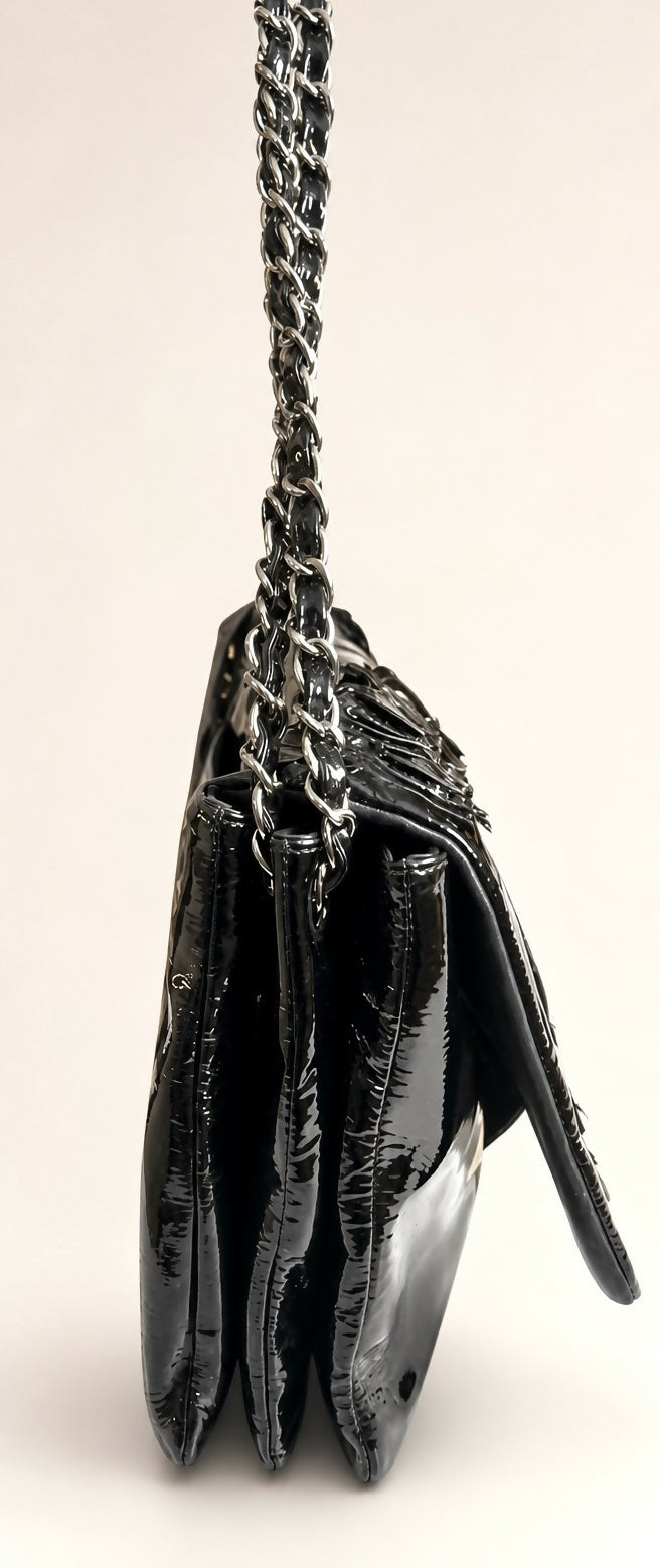 Chanel 10A Paris-Shanghai Jumbo Black Patent Leather Camellia Petals Accordion Flap Bag SHW