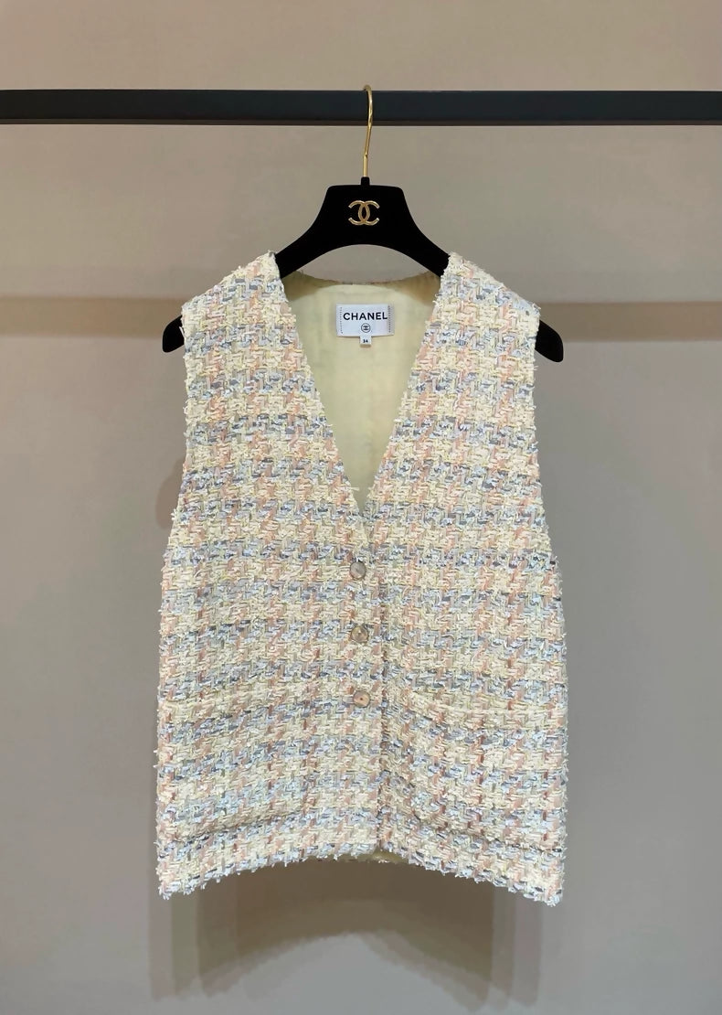 Chanel 25p pastel yellow tweed plaid vest