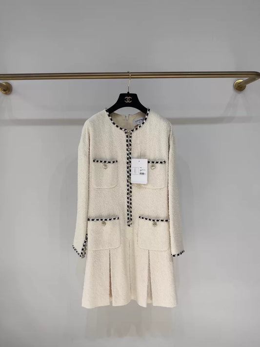 Chanel 21S off-white four-pocket tweed dress with pleats