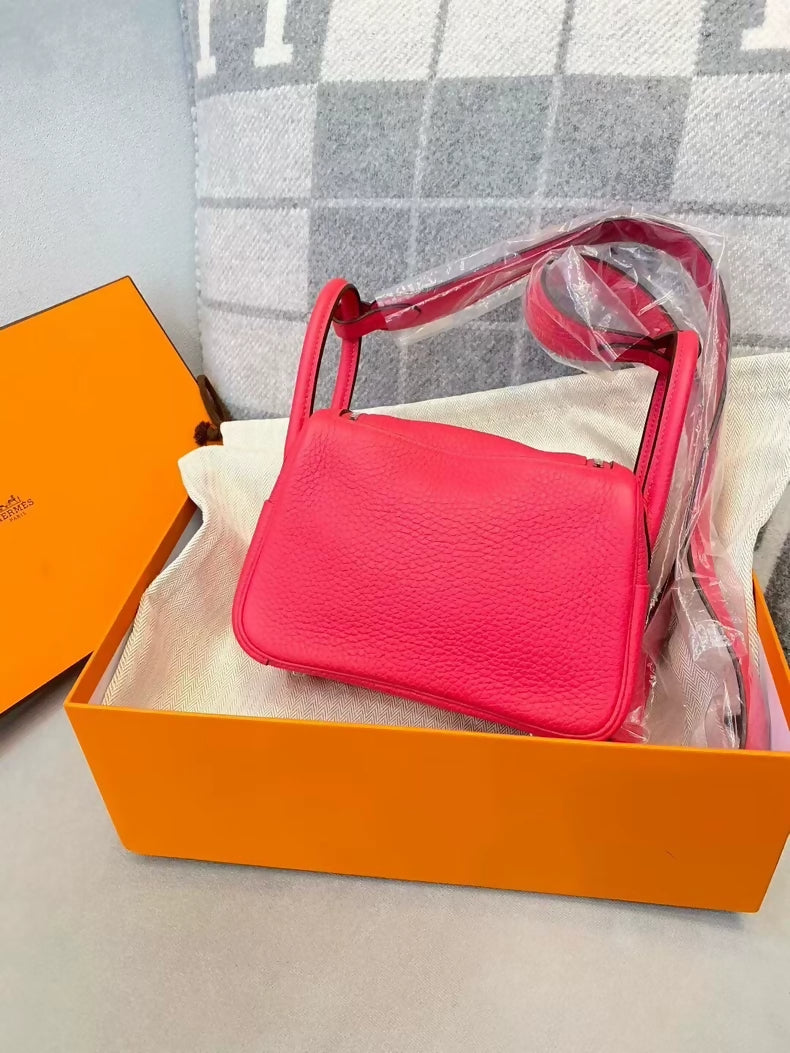 Hermes mini Lindy Rose Extreme leather palladium hardware