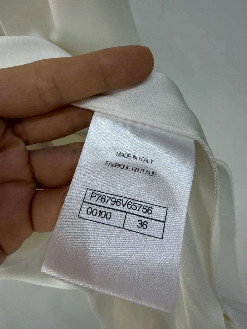 Chanel 24S ecru bow-tie satin off-the-shoulder blouse