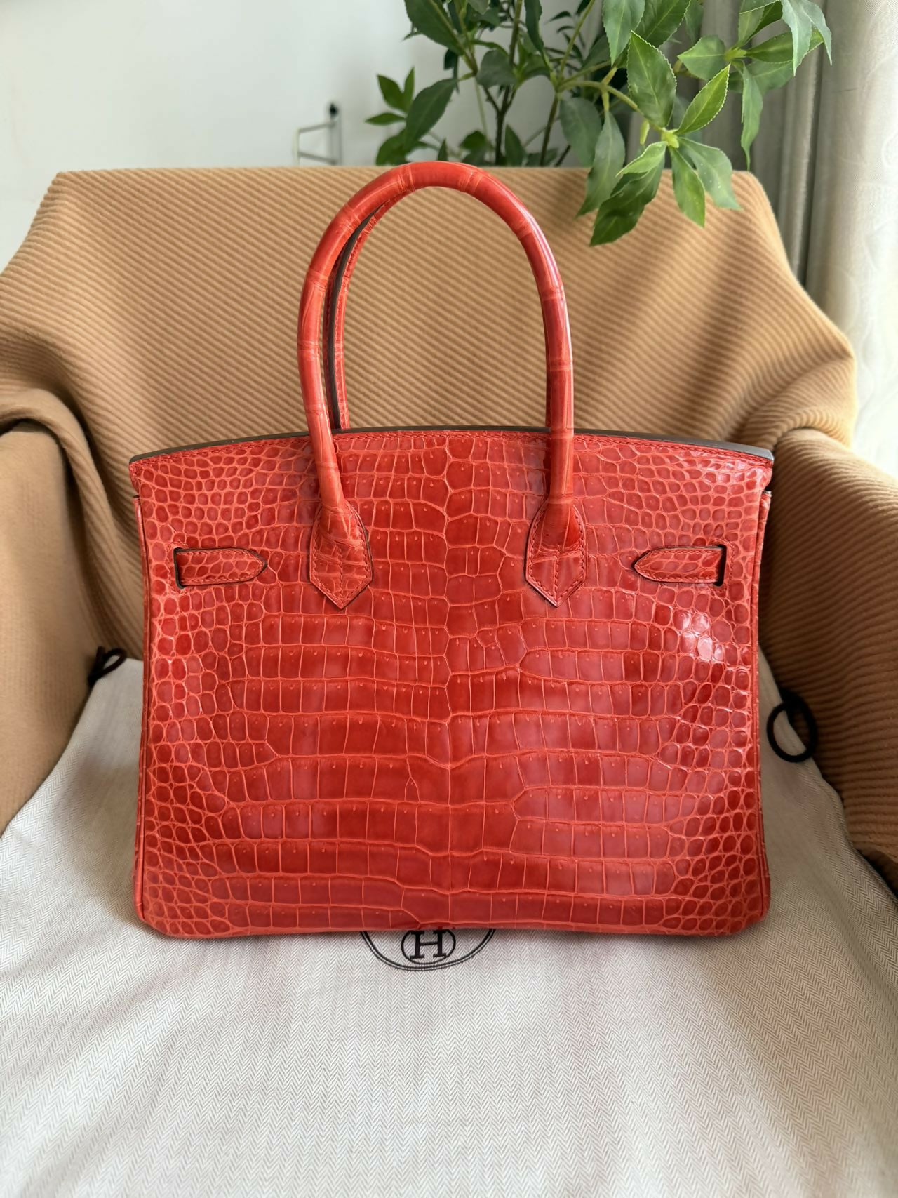 Hermes Birkin 35 Braise shiny croc white gold diamond hardware