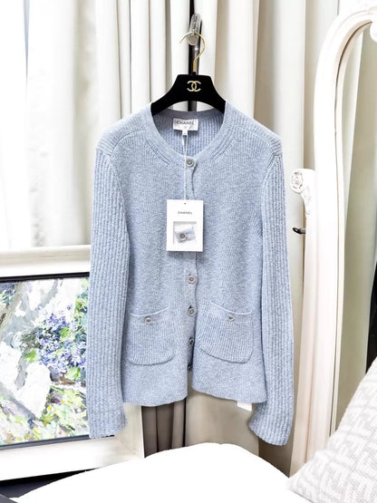 Chanel 23P Blue Linen Knit Cardigan