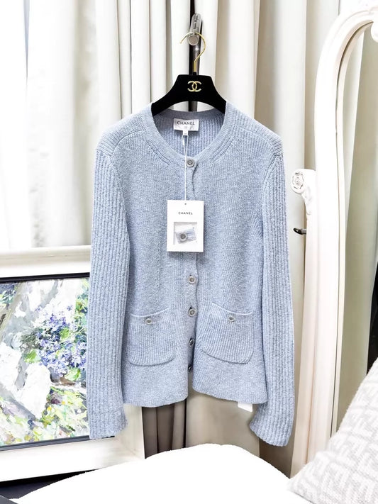 Chanel 23P Blue Linen Knit Cardigan