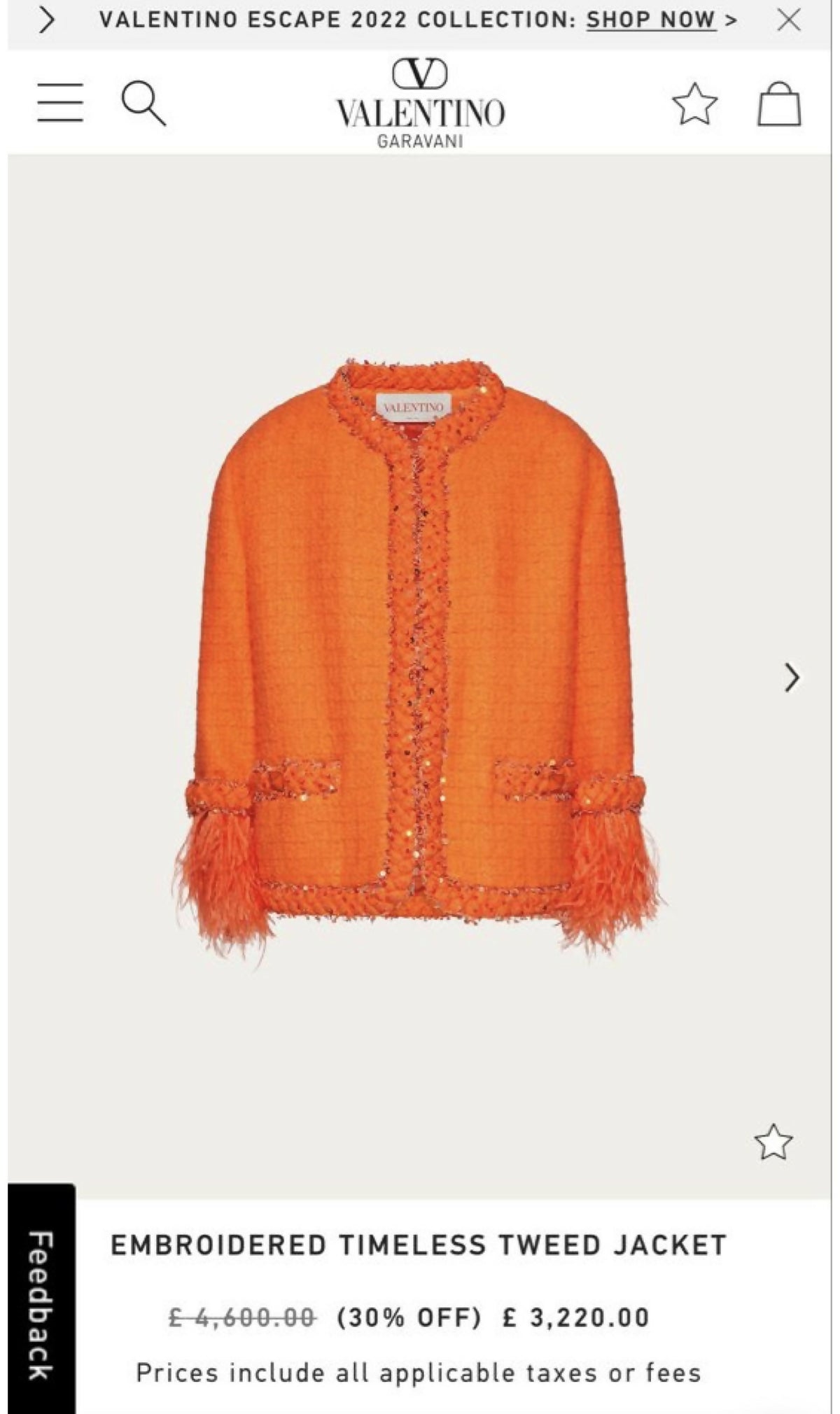 Valentino Orange Tweed Sequin Ostrich Feathers Jacket