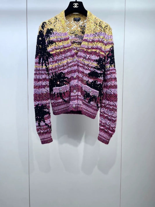 Chanel 24C pink/yellow sequin knit cardigan