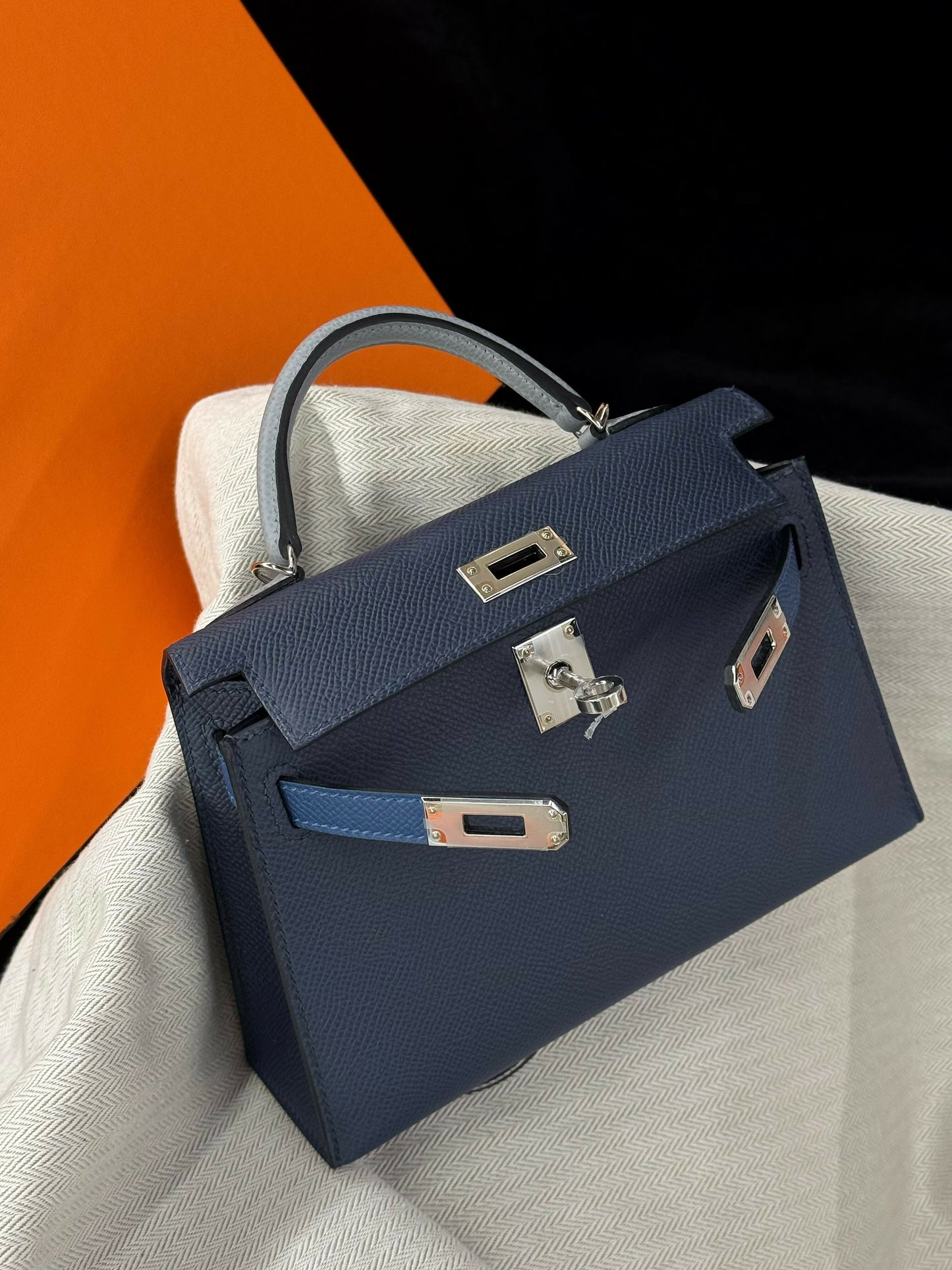Hermès Mini Kelly 20 Tricolor Bleu Nuit, Mixed Blue & Gris Puppis with Gold/Palladium Hardware