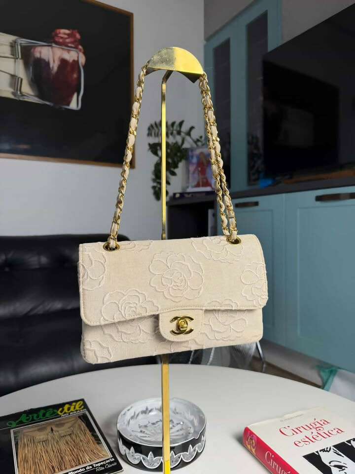 Chanel 1997 Ivory Canvas Camellia Classic Flap Bag