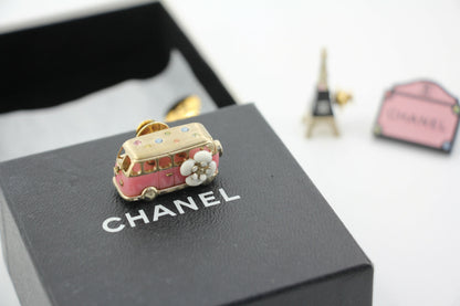 Chanel 06C Metal Pink Bus Eiffel Tower and Pink Bag Trio Brooch Set