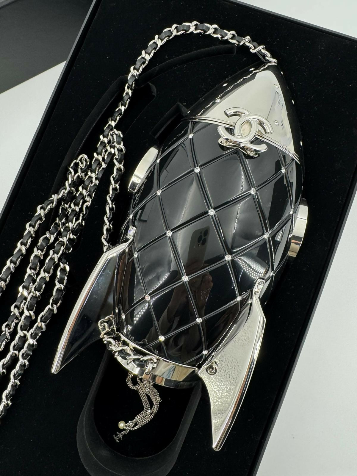 Chanel 2017 Plexiglass and Rhinestone Limited Edition Black Rocket Ship Minaudière Bag