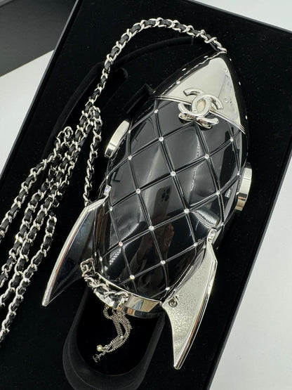 Chanel 2017 Plexiglass and Rhinestone Limited Edition Black Rocket Ship Minaudière Bag