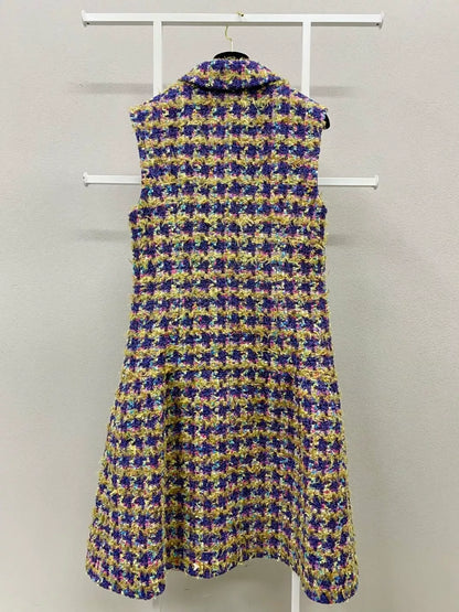 Chanel 22A gold, yellow and purple shiny houndstooth tweed vest dress