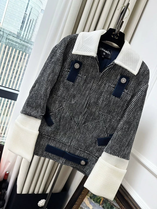 Chanel 17S blue, black and white tweed sweater