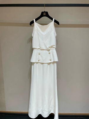 Chanel ecru white maxi dress with pearl buttons and a backless design,