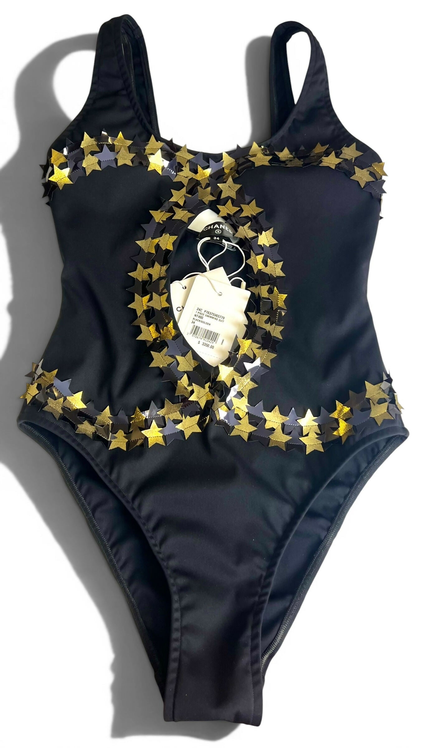 CHANEL 24C RUNWAY NEW TAGS BLACK GOLD STAR APPLIQUÉ SWIMSUIT FR 34